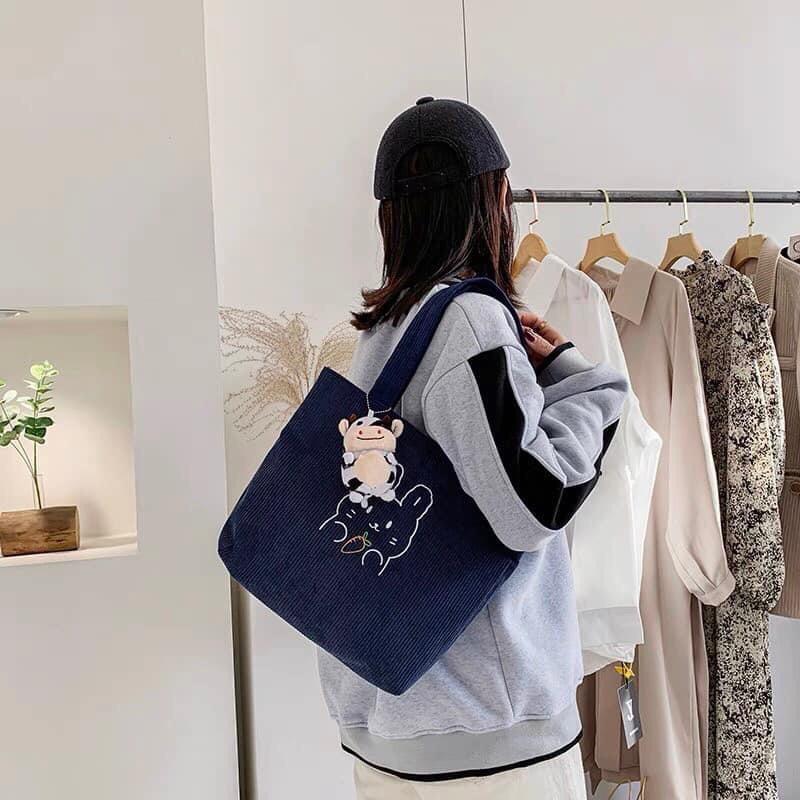 M376 Túi tote len gân chất liệu nhung gân + tặng kèm con bò sữa
