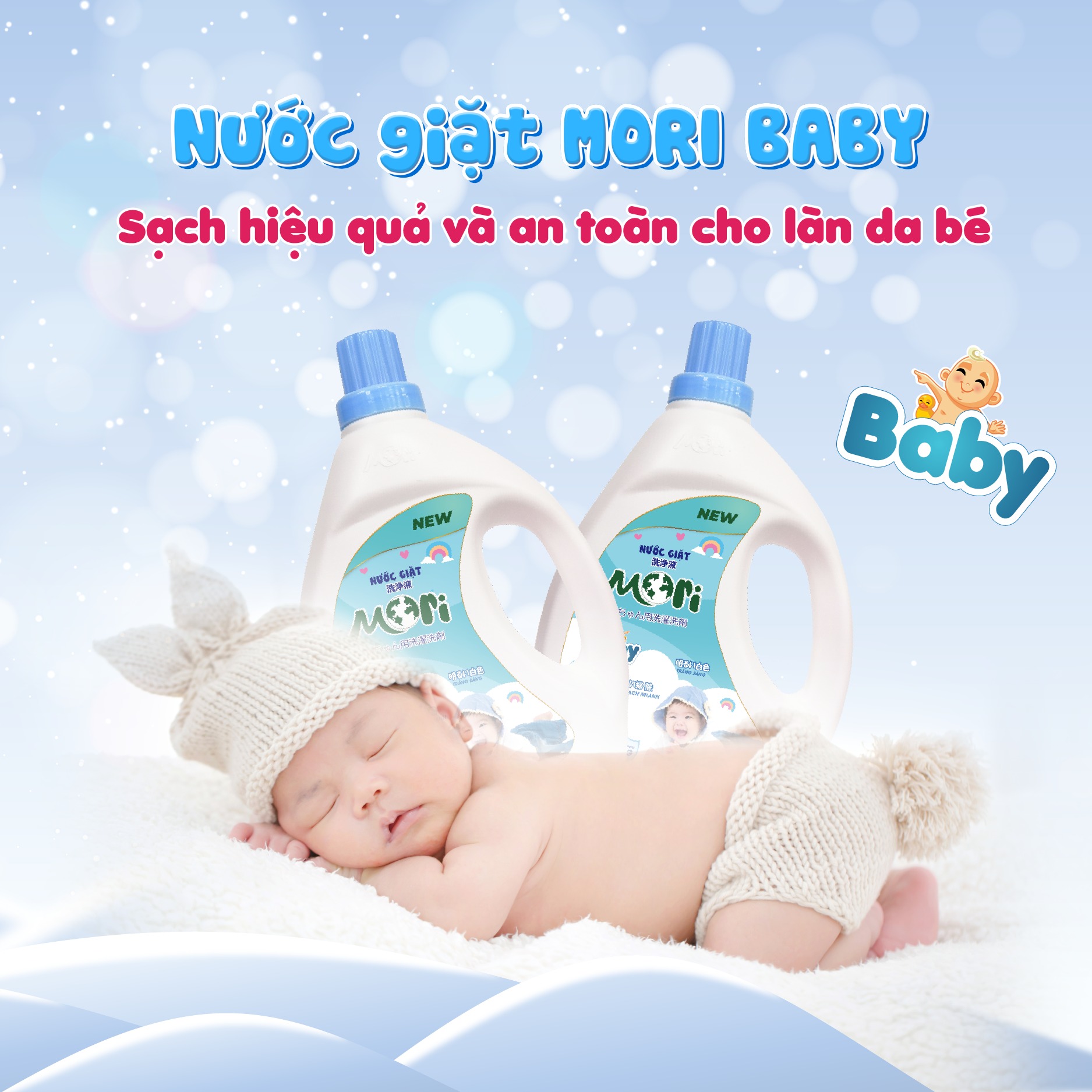 Nước Giặt Mori Baby Chai 1L Đánh Bay Vết Bẩn, Chống Vi Khuẩn, Giúp Quần Áo Của Bé Luôn Mềm Mại Và Lưu Hương Thơm Dịu Êm