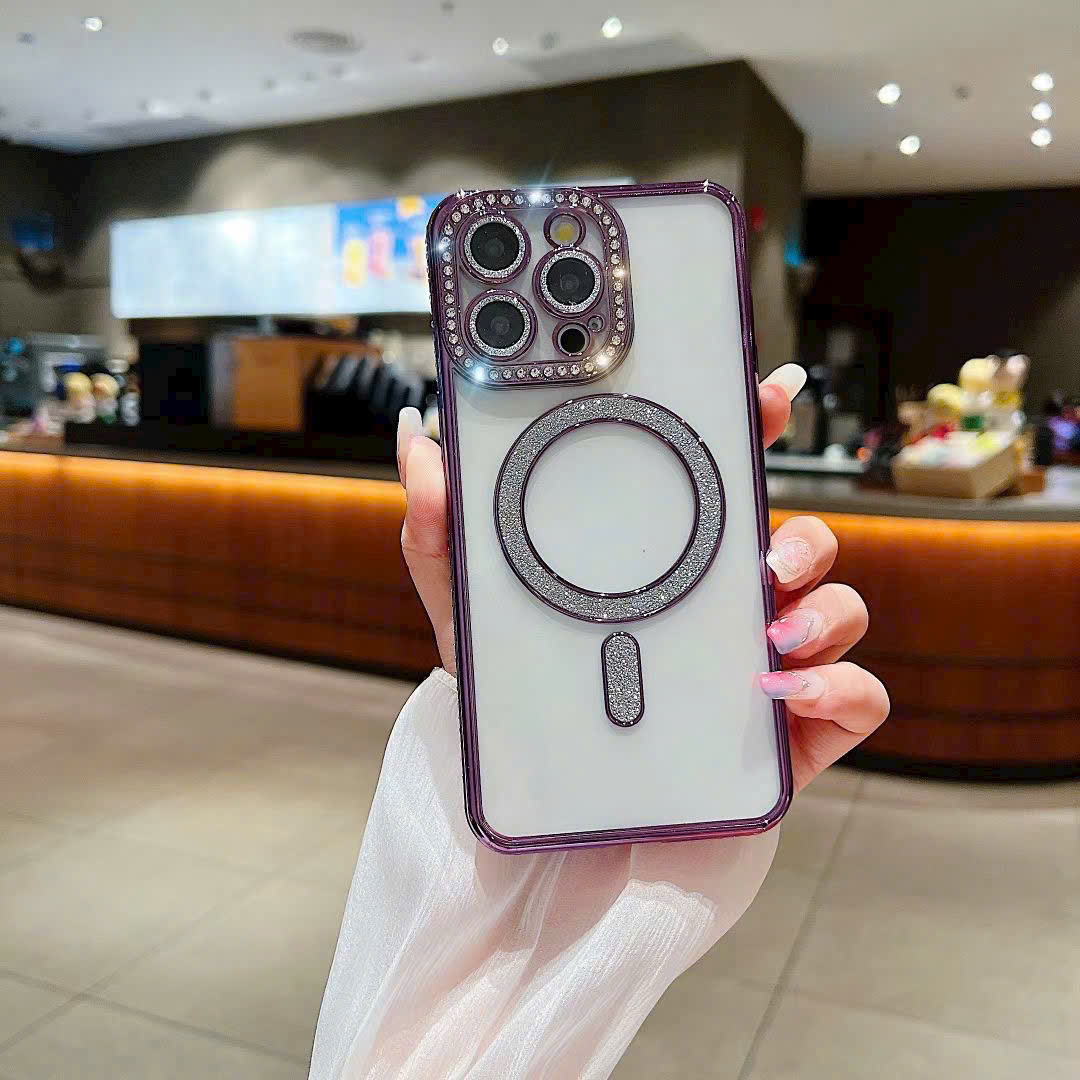 Ốp hỗ trợ sạc từ tính kim tuyến đính đá bảo vệ camera dành cho ip 16 - Hàng nhập khẩu