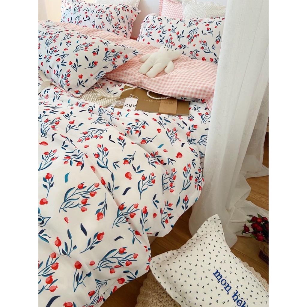 Bộ chăn ga gối Cotton Poly M2T bedding chăn ga Hàn Quốc Họa tiết quả lựu tí hon đủ size miễn phí bo chun