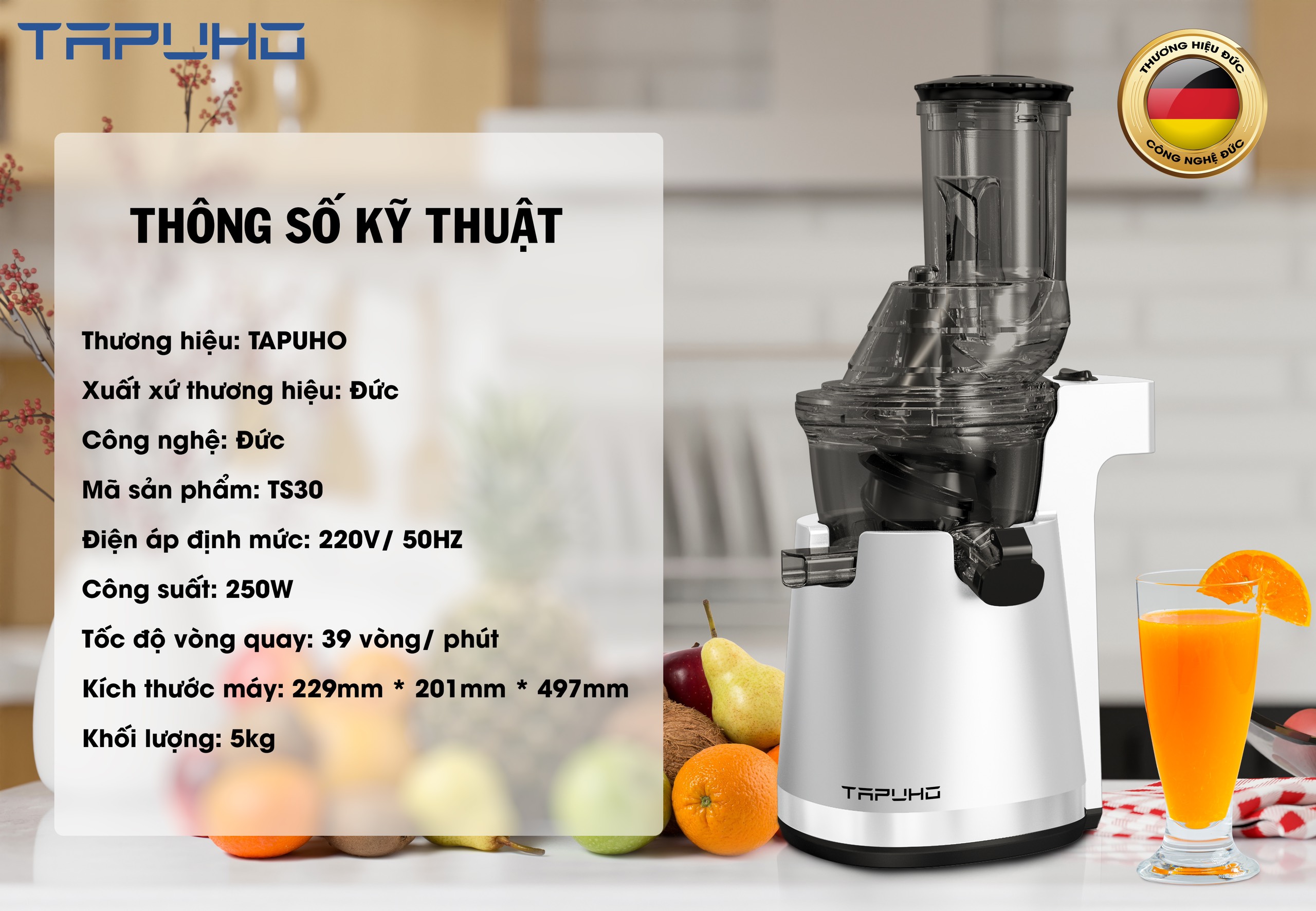 [HÀNG CHÍNH HÃNG] Máy ép hoa quả chậm TAPUHO TS30 công suất 250w - công nghệ Đức - ép kiệt, nước ép trong, dễ vệ sinh