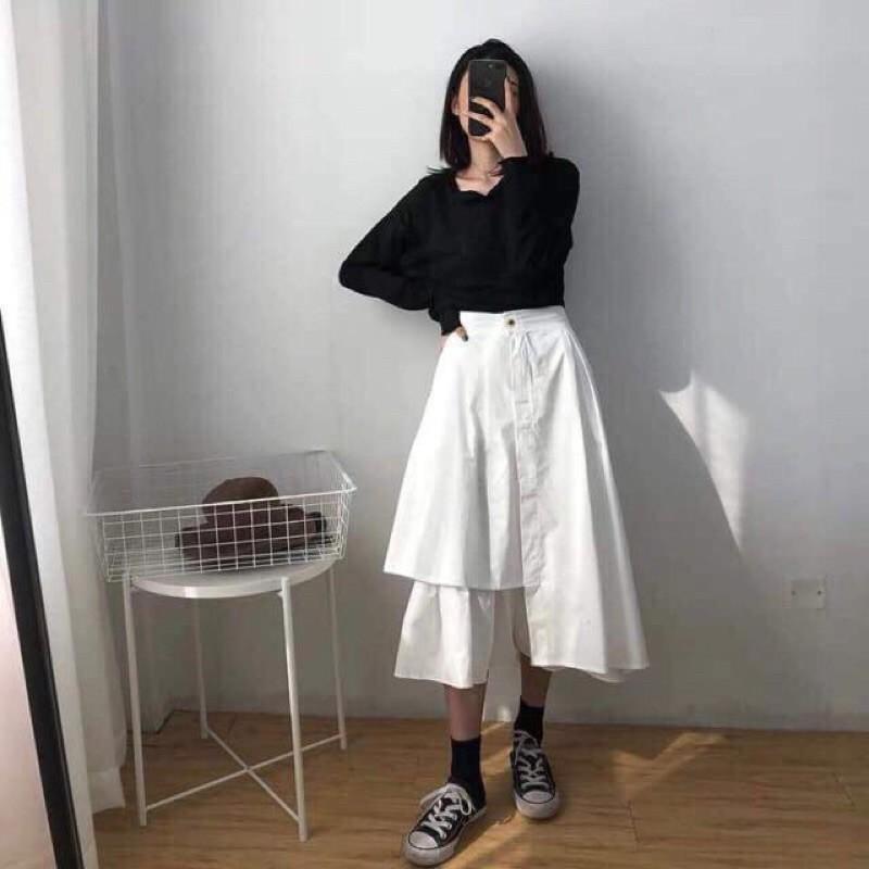 Chân Váy Midi Ulzzang Nữ, Chân Váy Xếp Ly 2 Màu Đen Trắng