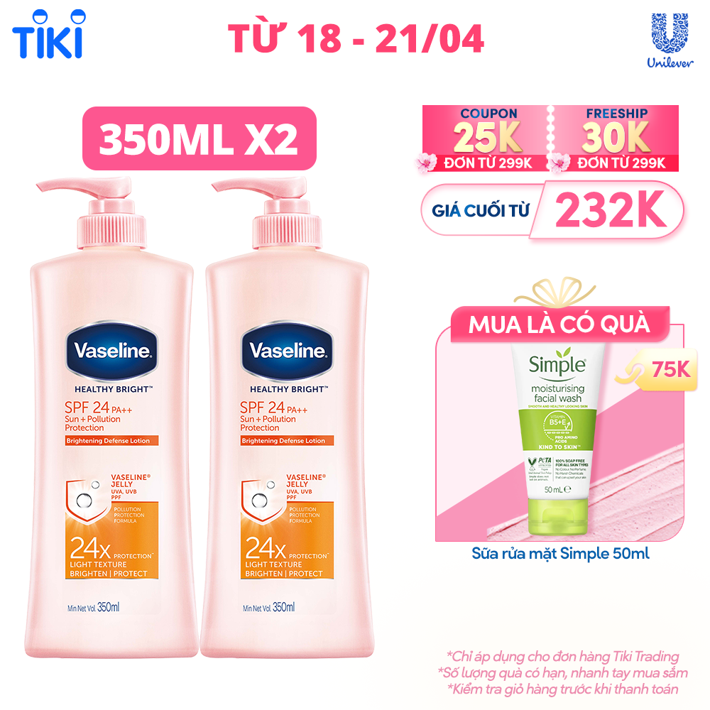 Combo 2 Sữa dưỡng thể chống nắng và dưỡng sáng SPF24 PA++VASELINE Healthy Bright Sun + Pollution Protection 350ML/chai