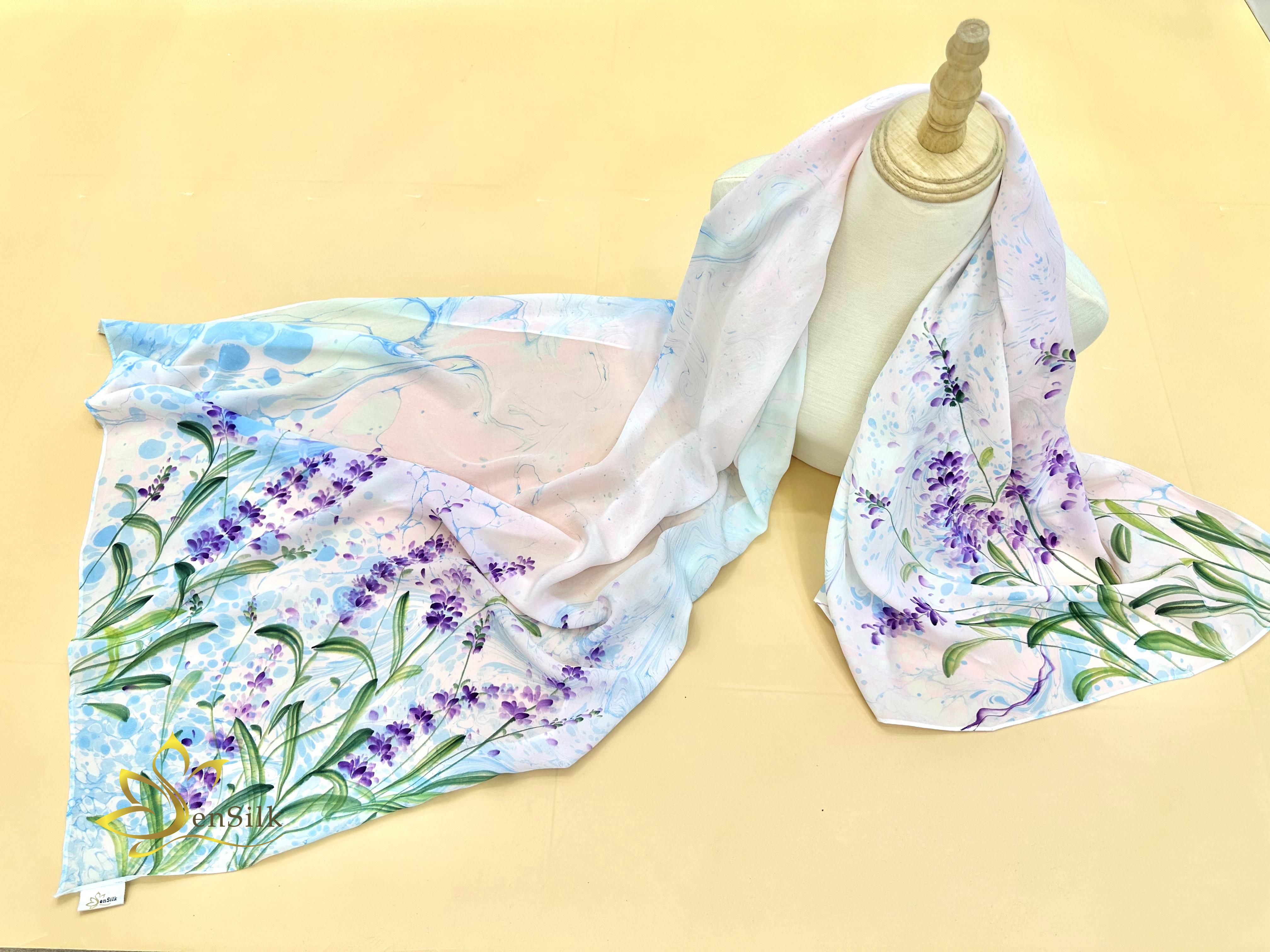 Khăn Lụa Thuỷ Ấn Sen Silk Lavender - Quà Tặng Cao Cấp - 100% Natural Silk Scarf Water Marbled Hand Painted - Girf for Her Bridemaid Friend Business - Best Silk Shawl Handmade