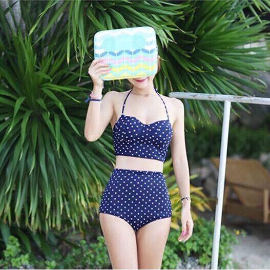 Bikini , Bộ Đồ Bơi Đi Biển 2 Mãnh Chấm Bi Xanh BELLA MS44