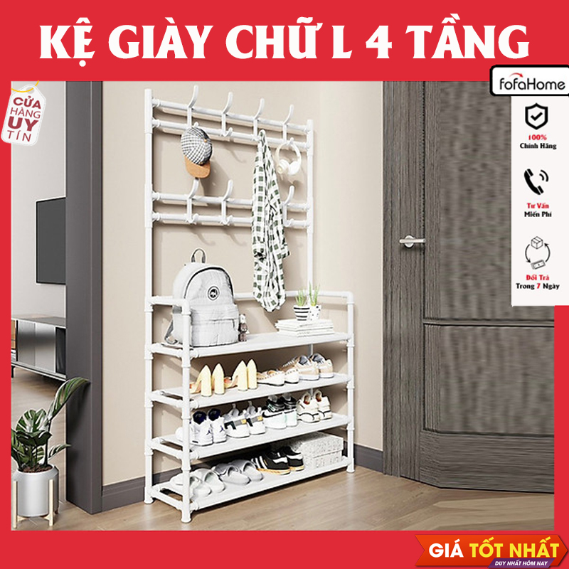 Kệ Giày Dép 4 Tầng Kèm Móc Treo Đồ Thông Minh, Giá Để Giày Dép 4 Tầng Kèm Móc Treo Tiện Lợi Màu Ngẫu Nhiên