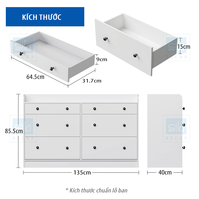 Tủ Gỗ Cabinet Đa Năng 6 Ngăn Kéo SIB Decor Màu Trắng 135x40x85.5cm