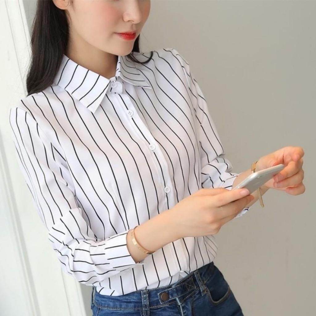 Áo Sơ Mi Nữ Dài Tay Phối Kẻ Sọc