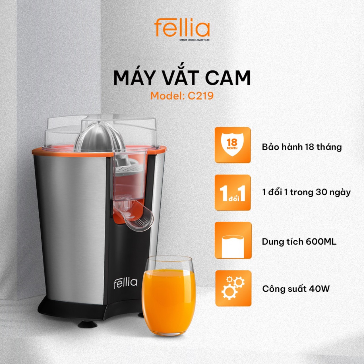 Máy vắt cam đa năng Fellia C219 - 2 lít-Hàng Chính Hãng