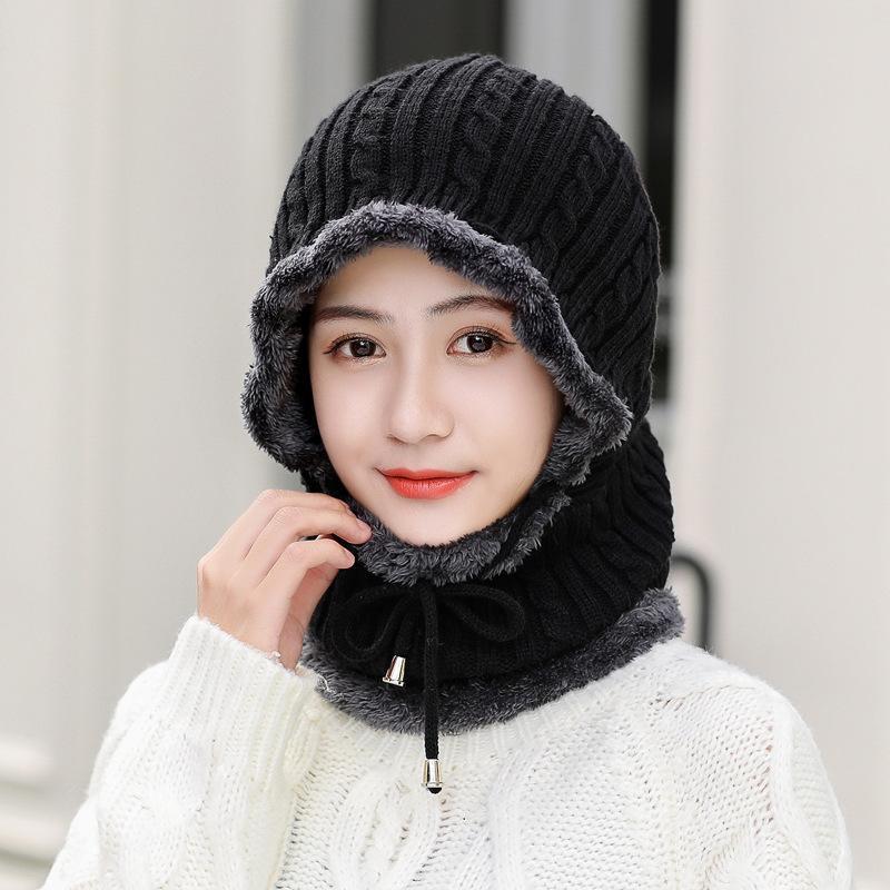 Hình ảnh Mũ len nam nữ lót lông liền khăn cổ siêu ấm mùa đông rét đậm - Mu len lot long trum co