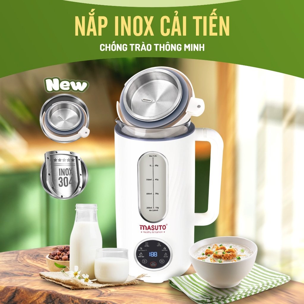 Máy làm sữa hạt Sothing Masuto MsLoveMax 1L thủy tinh nắp inox cường lực, xay hạt nhuyễn mịn chống trào, 6 chế độ nấu- Hàng chính hãng