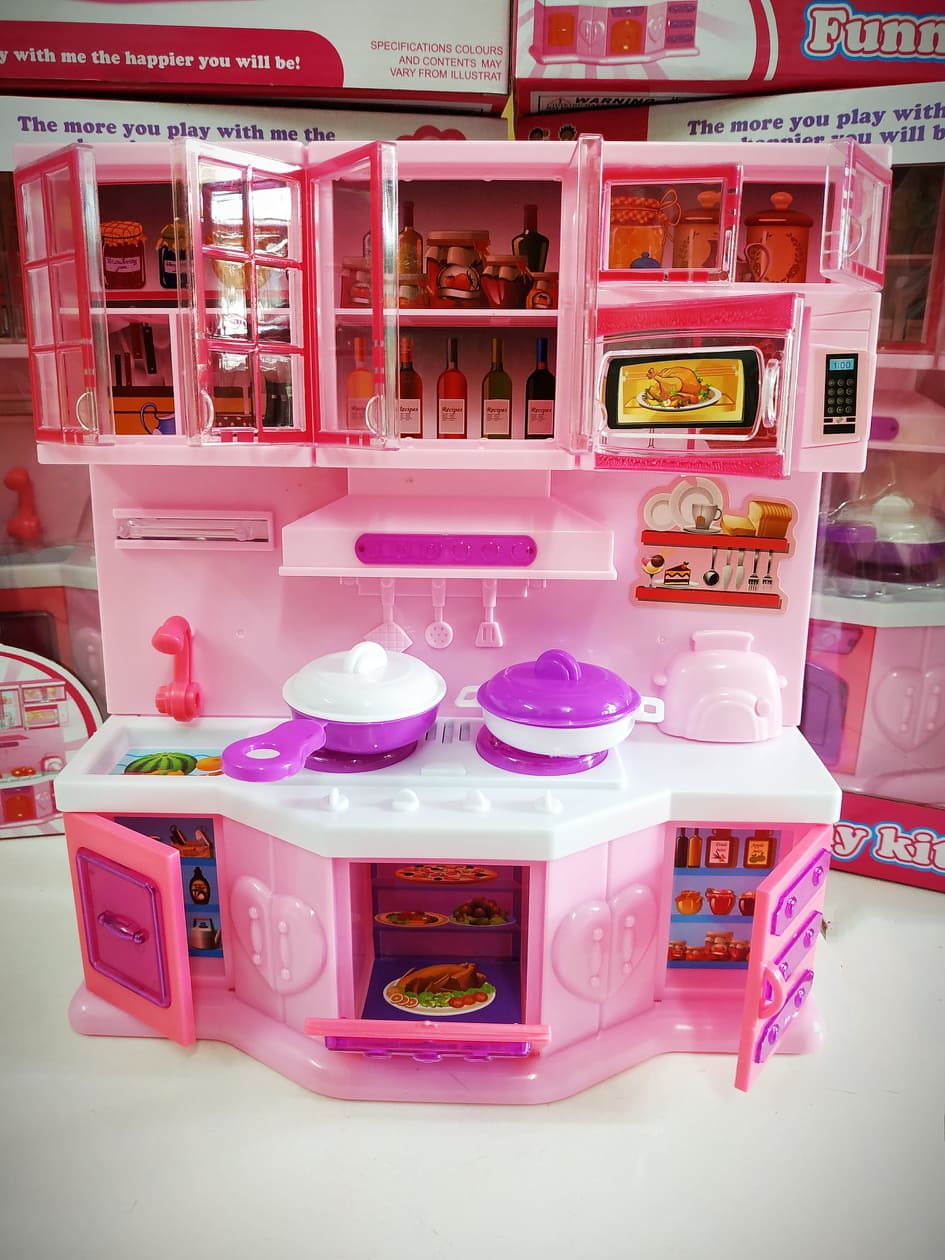 Bộ đồ chơi nhà bếp búp bê màu hồng có nhạc, đèn
