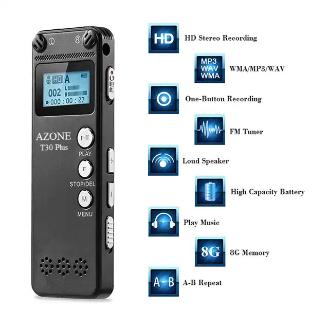 KHUYẾN MÃI KHỦNG, SỐ LƯỢNG CÓ HẠN - ROGTZ - Máy ghi âm Azone T30 Plus Ghi âm 80 giờ Dung lượng 8GB Micro kép Chống ồn chủ động Màn hình LCD Đa định dạng WMA, MP3, WAV Bảo mật Hội thảo Họp hành Ghi ý tưởng Hàng chính hãng
