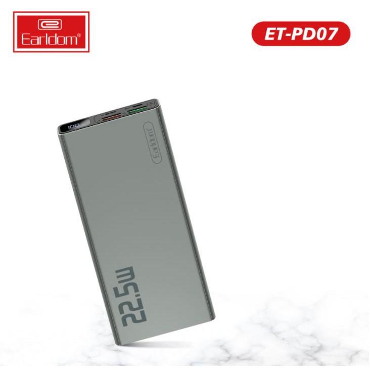 Sạc Dự Phòng 10.000mAh Earldom PD-07 Hỗ Trợ Công Nghệ Sạc Nhanh QC 3.0 Và Cổng Sạc PD, Tổng Công Suất 22.5W, Hàng Chính Hãng