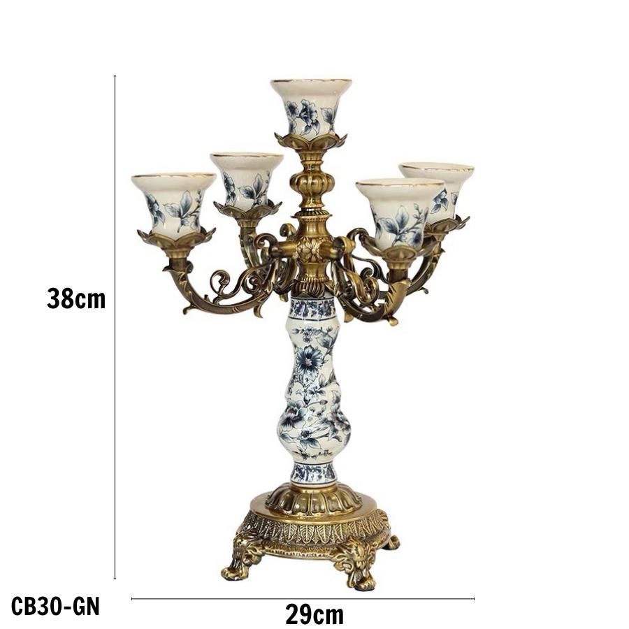 Giá nến họa tiết Châu Âu phong cách tân cổ điển CB30-GN - Chất liệu: Sứ và hợp kim mạ đồng cao cấp