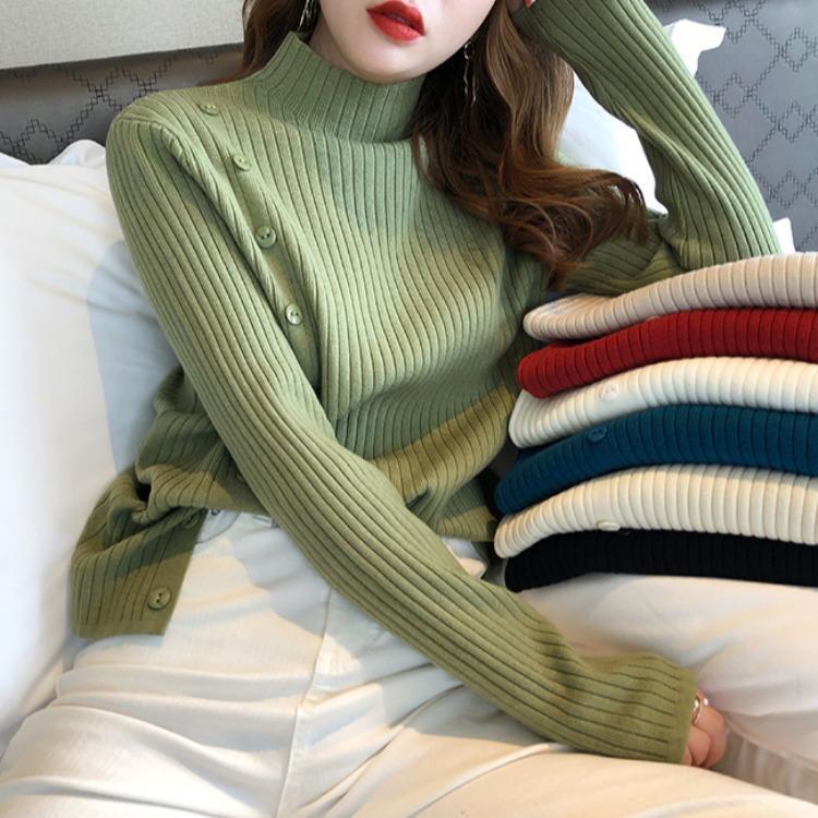 MS998 Áo len nữ cao cổ đính cúc xẻ sườn siêu mềm mịn