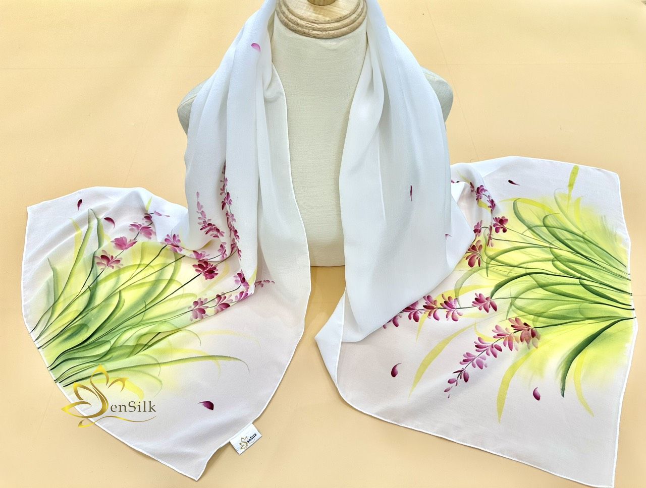 Hand Painted Silk Scarf - Khăn Lụa Cao Cấp Vẽ Tay Hoa Oải Hương SenSilk 160x55cm, Quà Việt Nam Tặng Khách Nước Ngoài