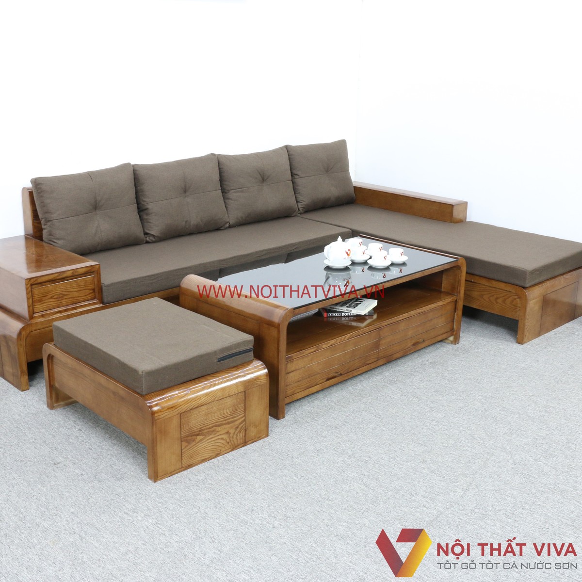 Bộ Sofa Gỗ Sồi Tự Nhiên Màu Óc Chó Có Nệm Hiện Đại Giá Rẻ