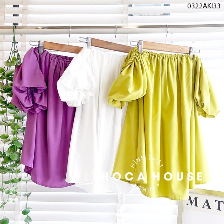 Áo kiểu nữ trễ vai tay phồng trơn trắng, tím, xanh cốm THOCA HOUSE gợi cảm, mặc đi chơi, đi du lịch