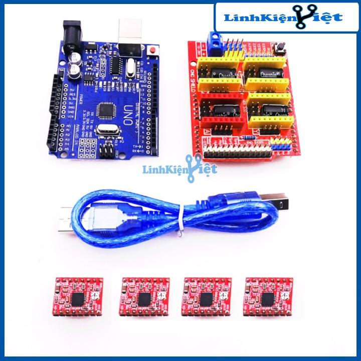 Combo Arduino Uno R3 Dán + Shield Uno R3 + 4 Module A4988 V1