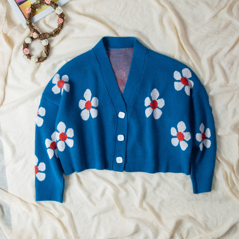 Short Cardigan for Women Flower Knit Sweater V Neck Button Long Sleeve Loose Coat Casual