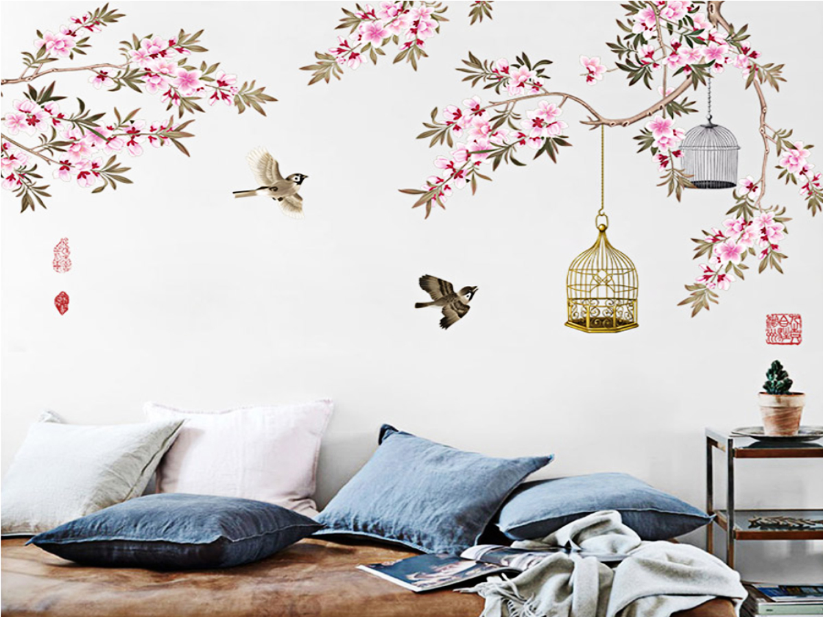Decal Cành hoa đào và lồng chim