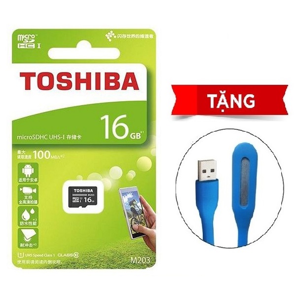 Thẻ nhớ MicroSDHC Toshiba M203 UHS-I U1 16GB 100MB/s (Đen) - Hàng chính hãng + Tặng Đèn Led