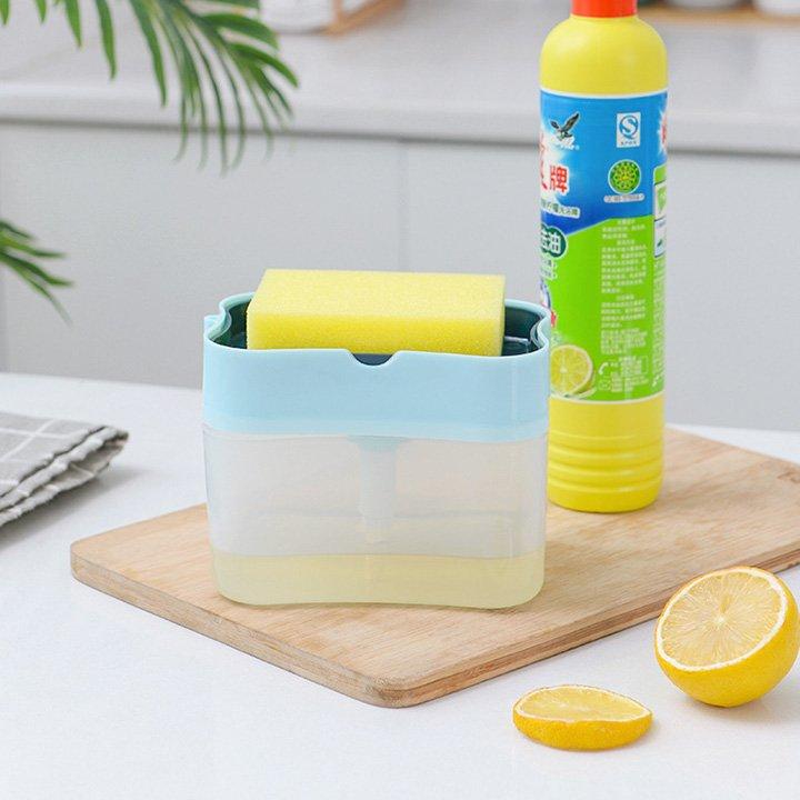 Hộp bơm dầu rửa chén bát, Hộp đựng nước rửa chén thông mình có kèm mút rửa chén 380 ml, tiện lợi, thông minh
