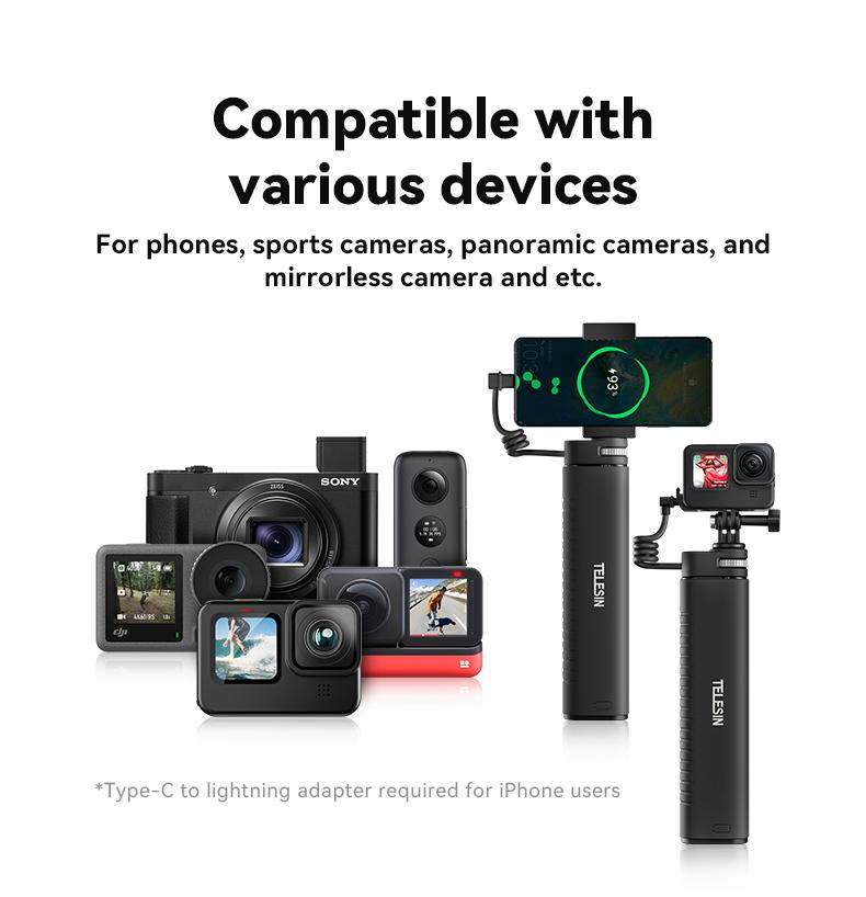 Telesin Sạc selfie Stick 10000mah Power Bank Universal cho GoPro Insta360 DJI Action Sports Camera cho điện thoại thông minh