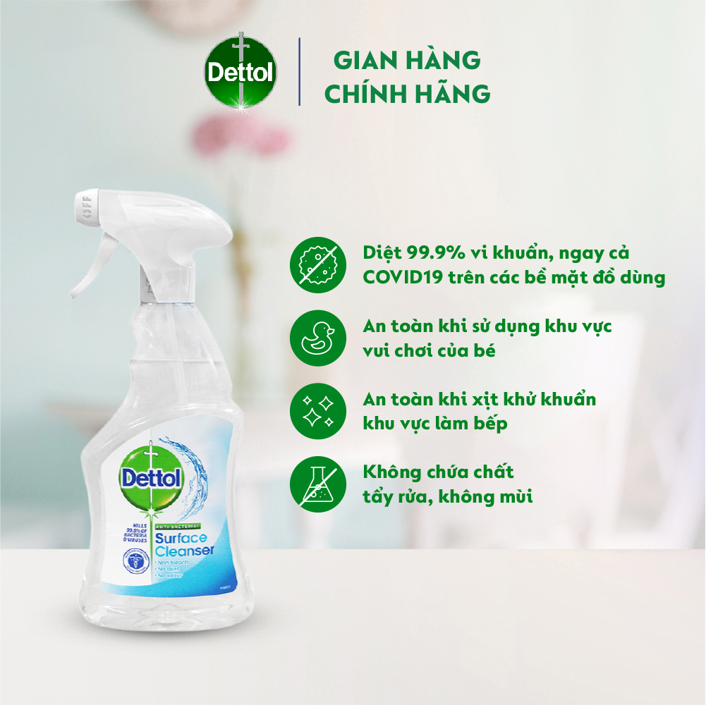 Combo chai dung dịch diệt khuẩn Dettol 500ml + Chai xịt vệ sinh bề mặt kháng khuẩn 500ml + Leaflet