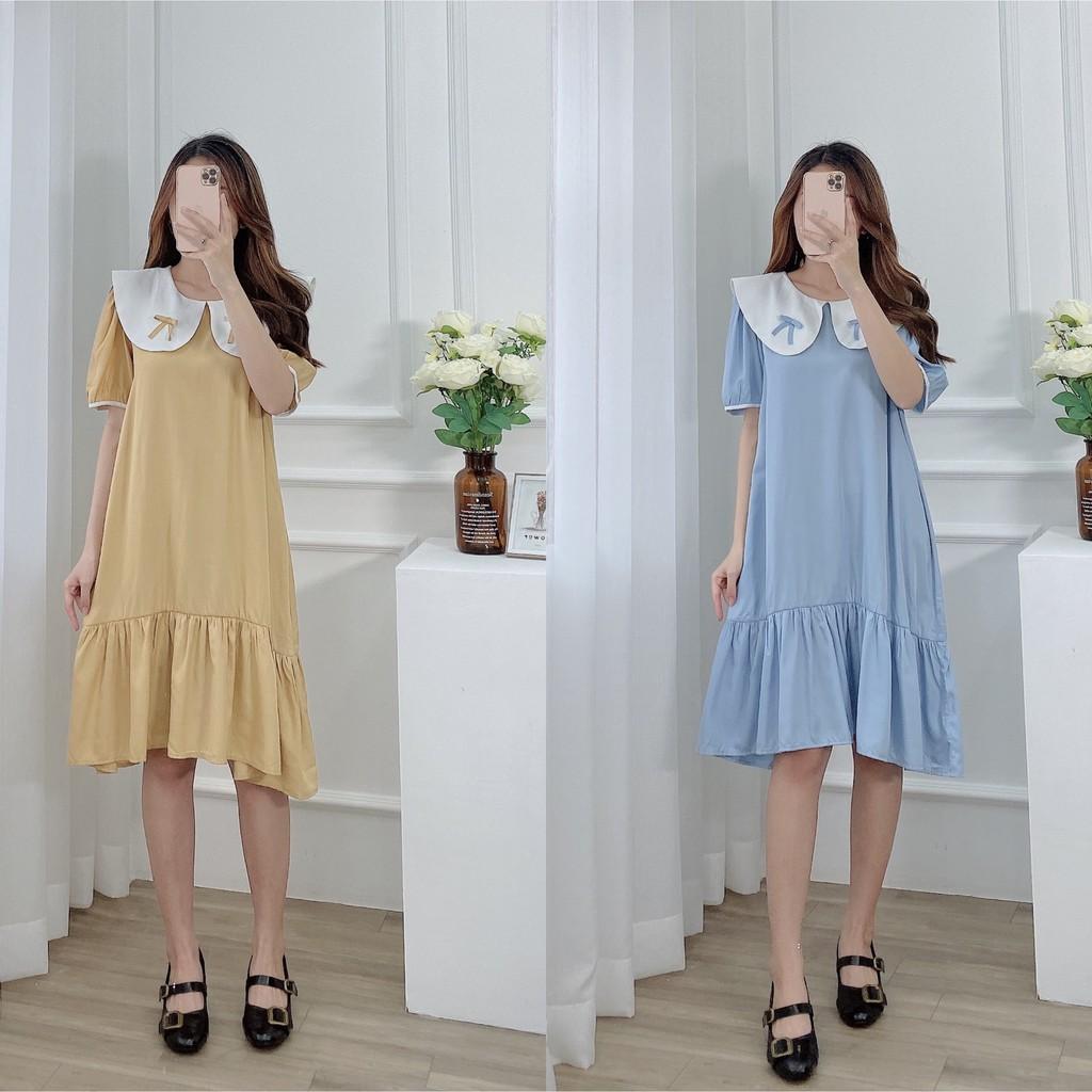 Váy suông đuôi cá, cổ kiểu kèm nơ, đầm xuông rộng tay bo phồng chạy viền 4 màu mã V208 - Michi's House