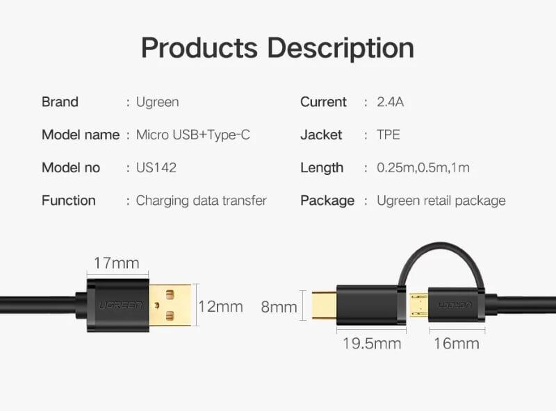 Ugreen UG30178US142TK 2M màu đen Dây USB 2.0 sang micro USB và Type-C và micro USB - HÀNG CHÍNH HÃNG