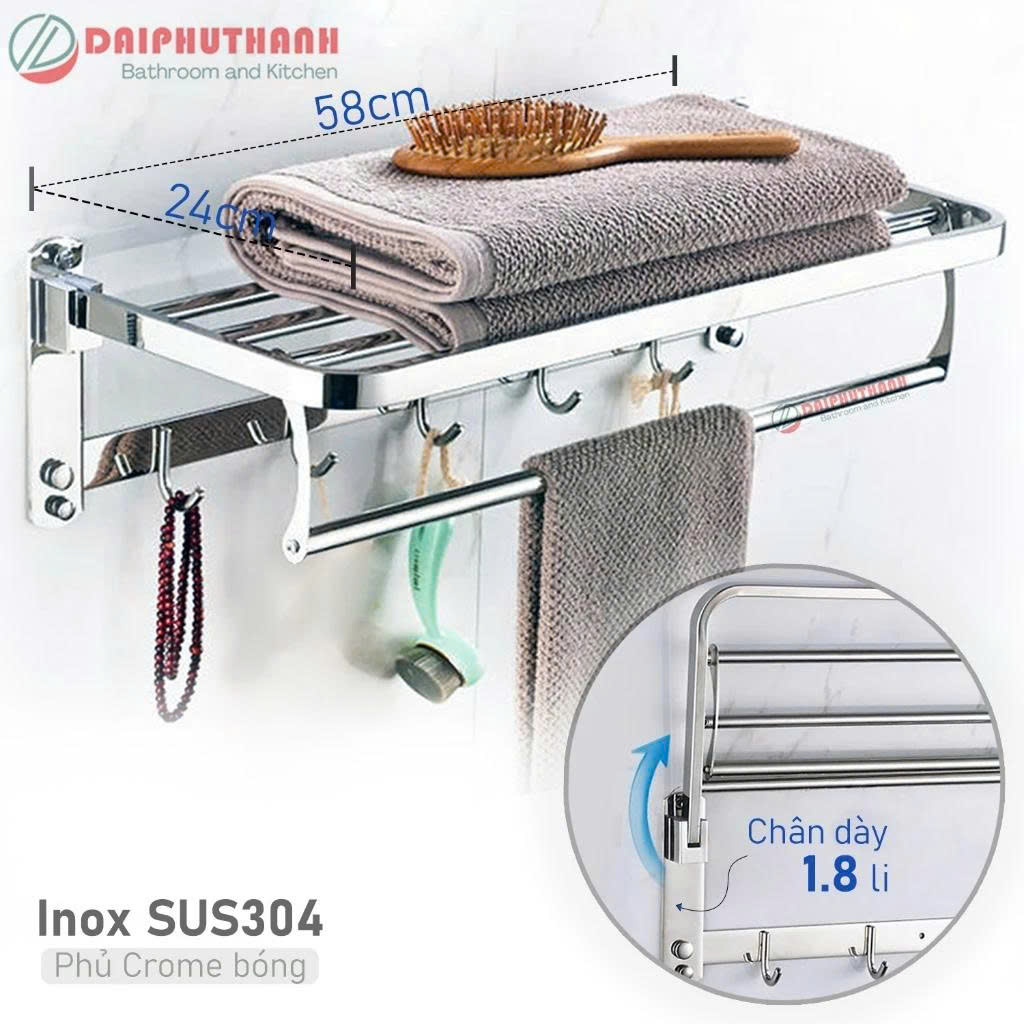 Giá Treo Khăn Kết Hợp Móc Quần Áo Nhà Tắm Inox SUS304 Đa Năng Gấp Gọn - Có loại sơn tĩnh điện đen, chiều ngang 58cm