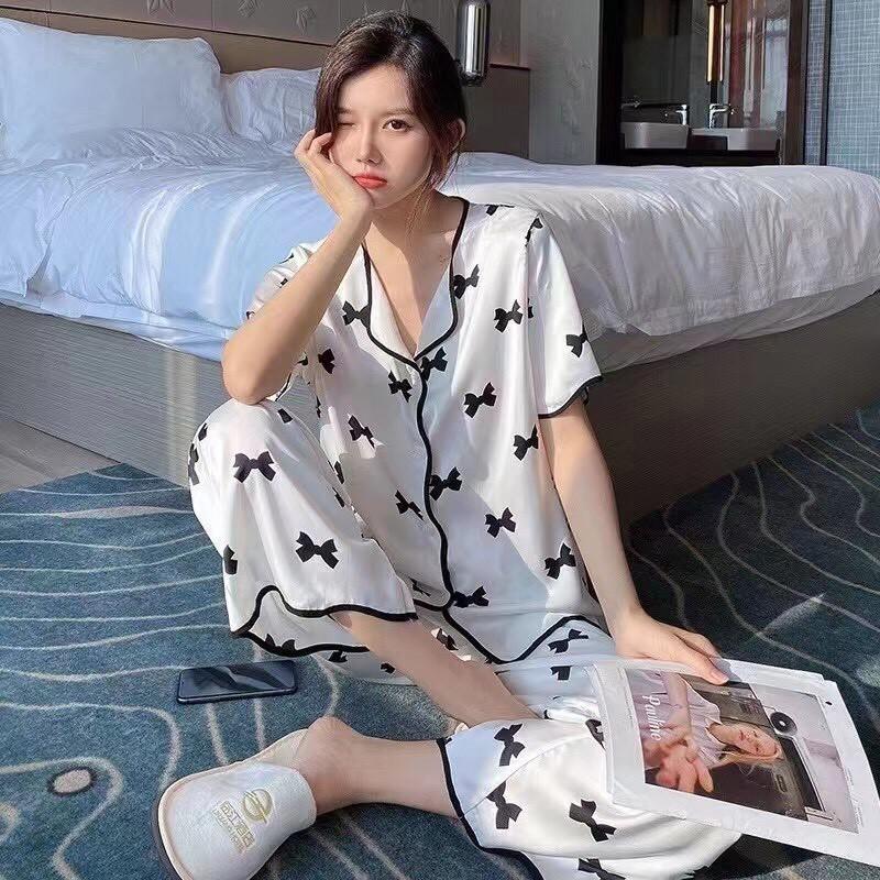Bộ đồ ngủ lụa Pijama cao cấp họa tiết nơ xinh xắn