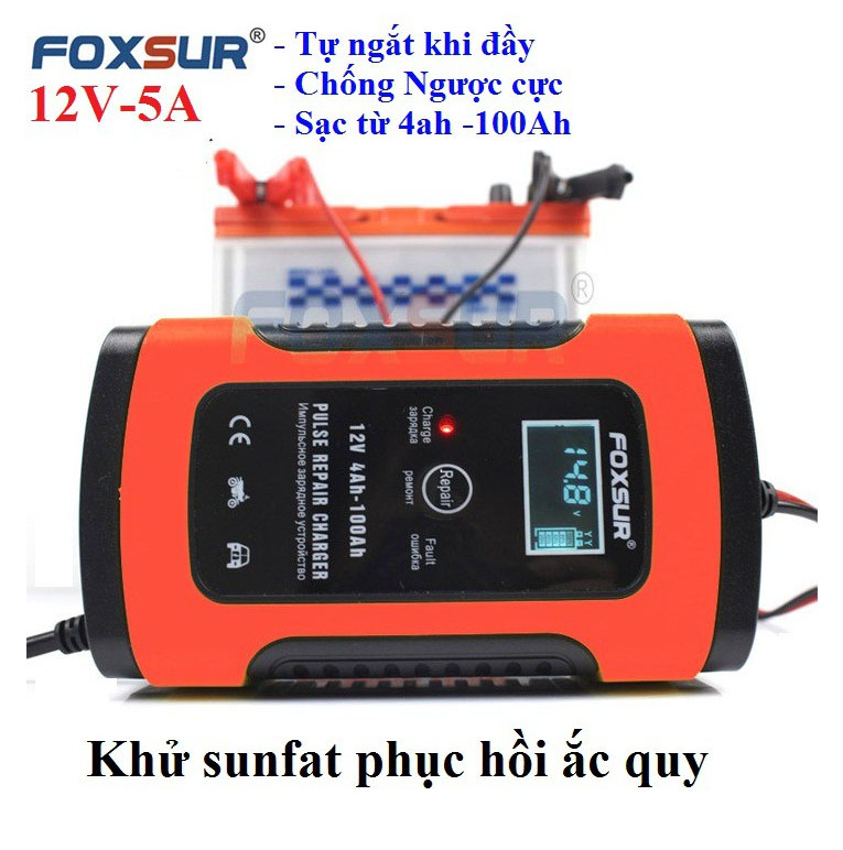 Máy Sạc Bình Ắc Quy 12V FOXSUR 4 - 100Ah, Có Khử Sunfat Phục Hồi Bình Ắc Quy