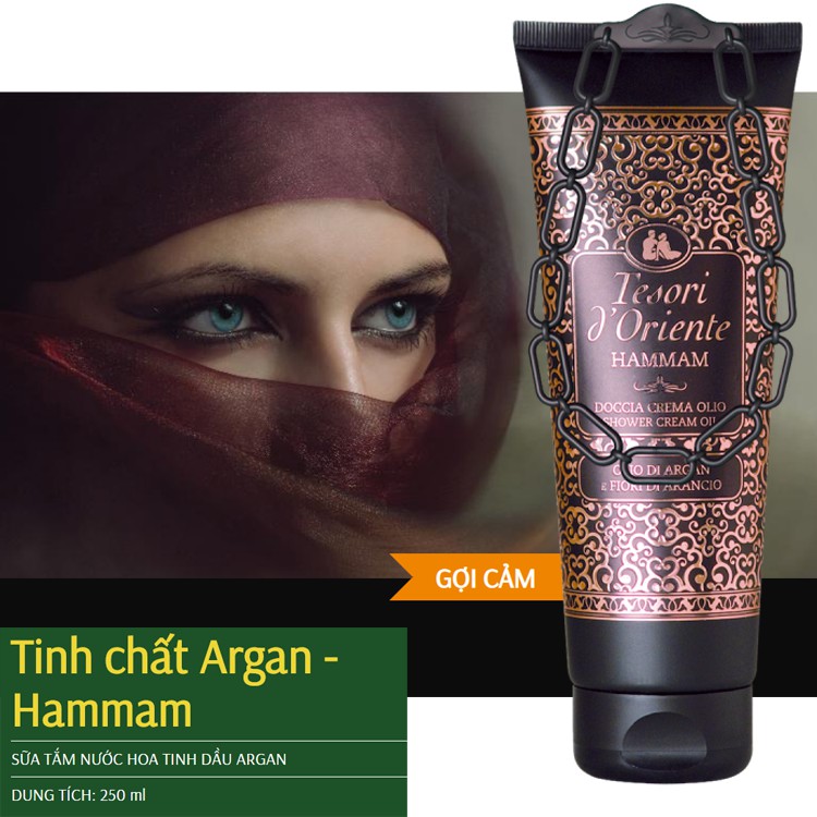 Sữa tắm dầu argan Tesori d'Oriente Hammam Shower Cream Oil 250ml + Móc khóa