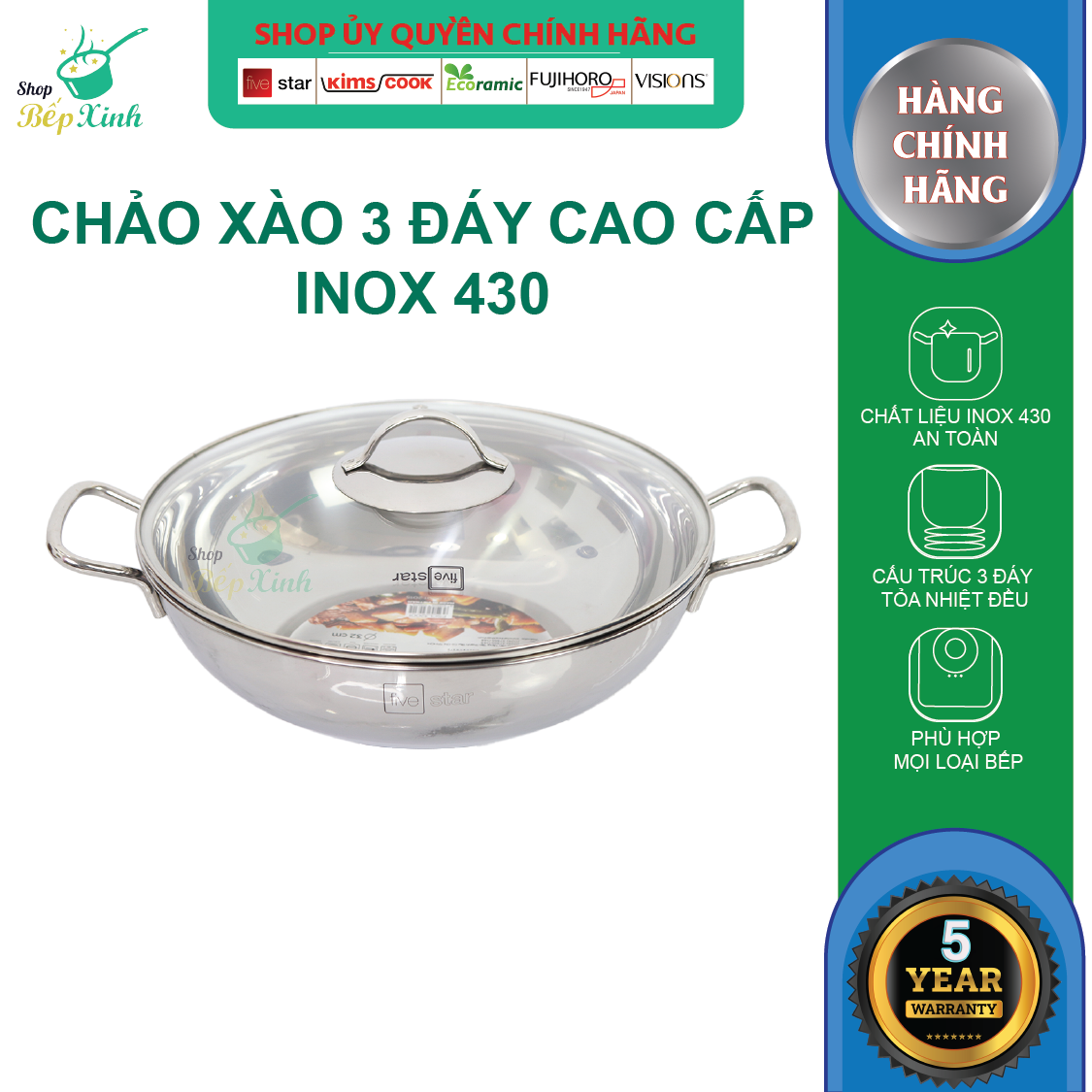 Nồi lẩu inox 430 bếp từ 3 đáy Fivestar 32cm