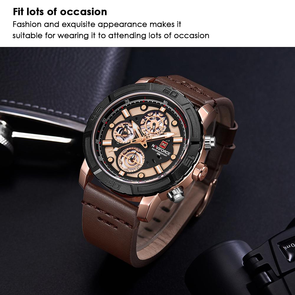 Đồng hồ thạch anh NAVIFORCE NF9139 dây da sáng,kim đồng hồ kỹ thuật số hiển thị giờ không thấm nước - Vàng hồng