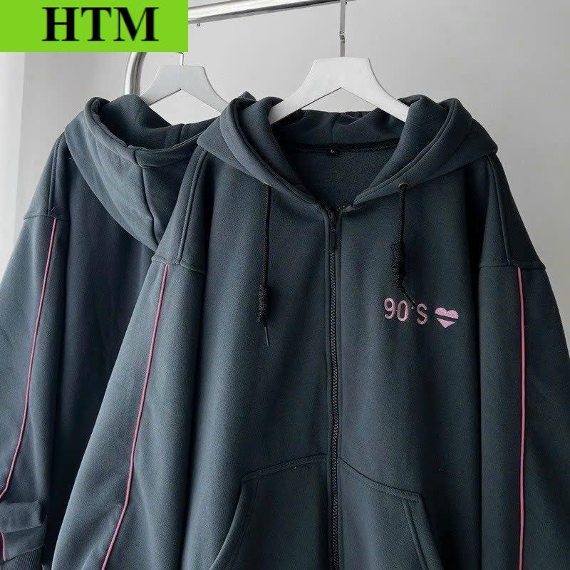 [FREESHIP] Áo Khoác Hoodie Phối Theo Dáng Form Rộng Trước Áo Có In Số 90'S Trái Tim HTM FASHION - Xanh Đen