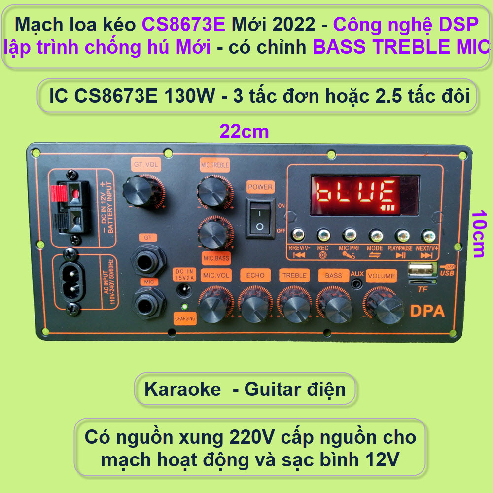 Mạch loa kéo CS8673E 130W DSP lập trình chống hú có chỉnh Bass Treble Micro