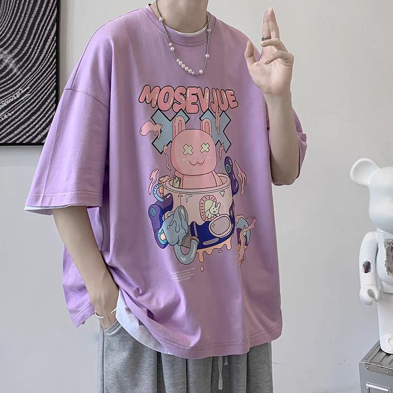 Áo Thun MOSEVJUE 2 Màu Tím, Trắng tay lỡ form rộng Unisex 38-65kg Nam Nữ