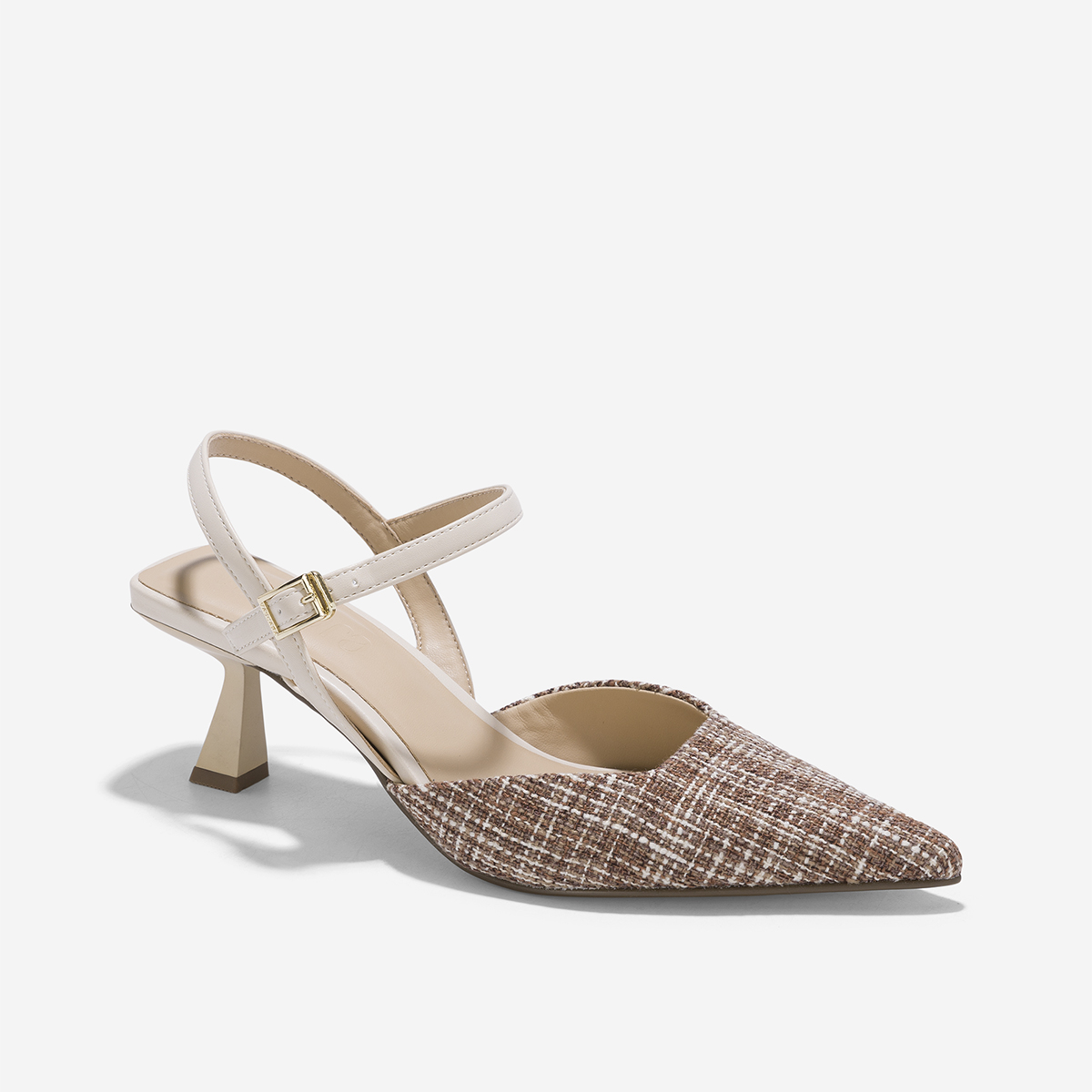 Giày Bít Mũi Nhọn Kitten Heel Phối Vải Tweed - BMN 0639