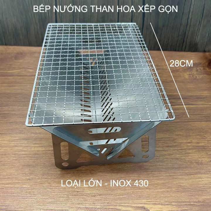 Bếp nướng than hoa xếp gọn, bằng inox 430, chuyên cho cắm trại, picnic rất tiện, loại lơn 28x18cm