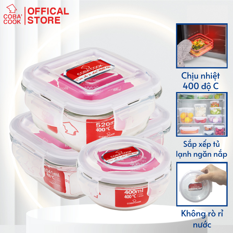 Bộ 3 hộp thủy tinh trữ thực phẩm chịu nhiệt chữ nhật 1041ml vuông 530ml tròn 400ml COBA'COOK-CCR4S5L13