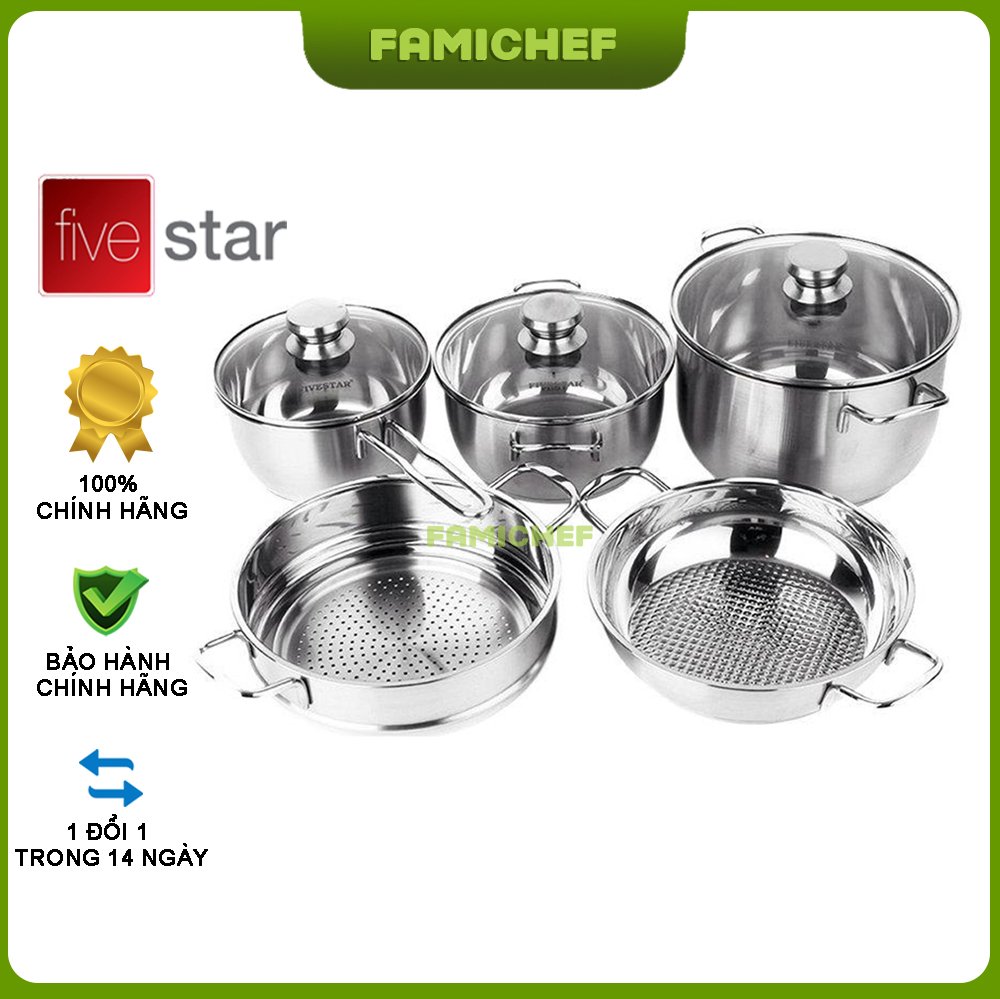 Bộ nồi chảo xửng inox 3 đáy nắp kính FiveStar FSB5002