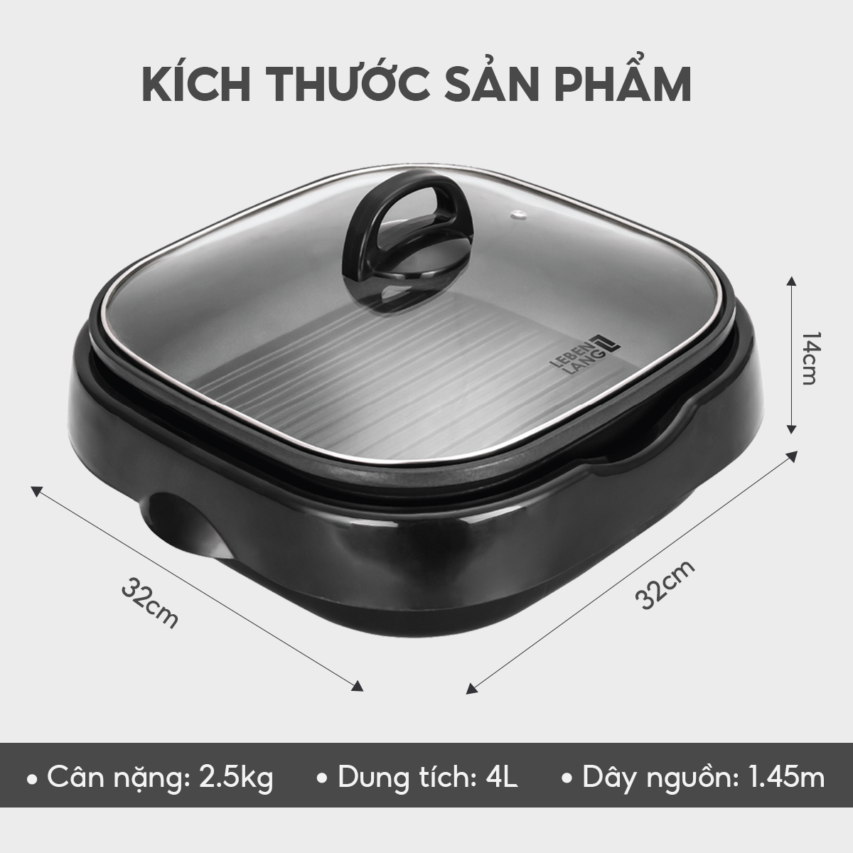 Nồi lẩu điện đa năng, nướng lẩu 2in1 Lebenlang LBTT6288, 1650W, 4l, bảo hành 2 năm - hàng chính hãng