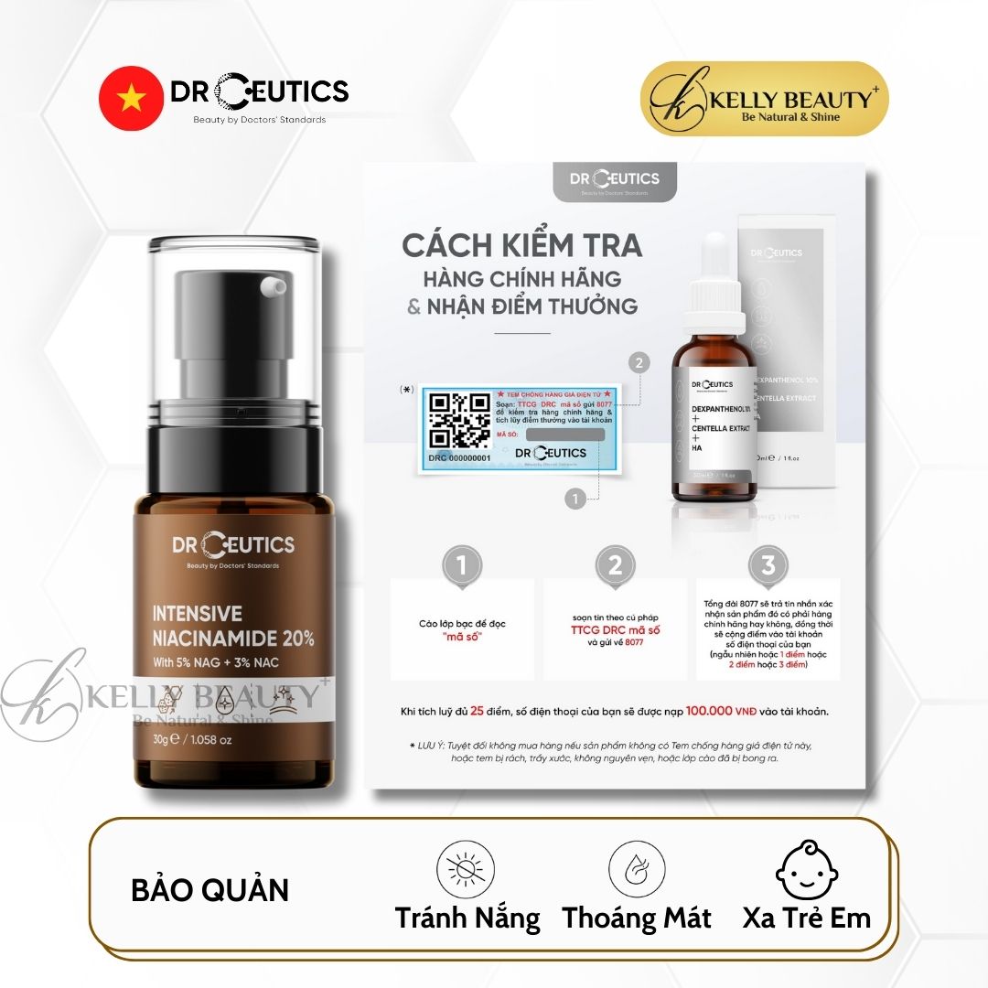 Serum Vitamin B3 20% DrCeutics - Làm Sáng Da, Mờ Thâm Sạm & Se Lỗ Chân Lông - Niacinamide 20% + NAG 5% + NAC 3%