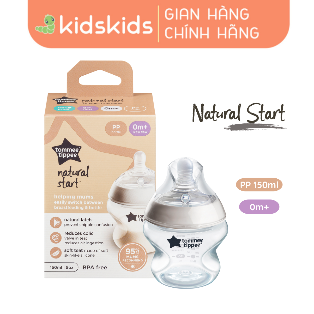 Bình sữa ty siêu mềm tự nhiên Tommee Tippee Natural Start 150ml, núm ty đi kèm 0-3 tháng