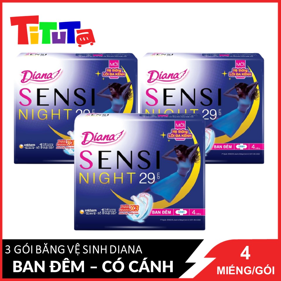 Combo 3 Băng vệ sinh Diana Sensi Night Ban Đêm 29cm 4 miếng/gói