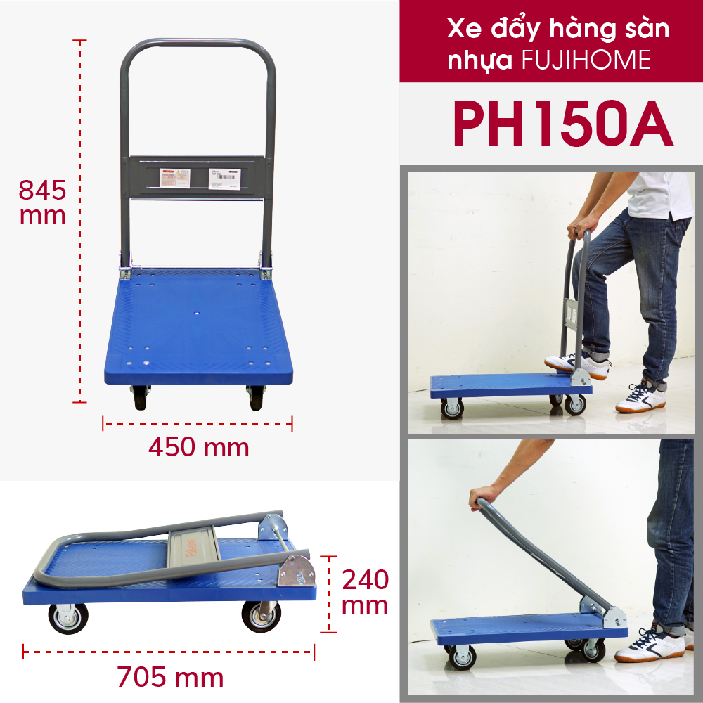 Xe đẩy hàng 4 bánh gấp gọn 100kg Nhật Bản Fujihome, bánh cao su không ồn, xe chở đồ kéo hàng xếp gọn đa năng platform hand truck